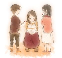 Rule 34 | 1boy, 2girls, aged down, apron, bad id, bad pixiv id, black hair, blush, brown hair, carla yeager, carnation, closed eyes, eren yeager, flower, flying sweatdrops, gift, jacket, long hair, looking at another, low-tied long hair, mikasa ackerman, mother&#039;s day, mother and son, multiple girls, open mouth, pants, red flower, red rose, rose, scarf, shingeki no kyojin, shirt, shoes, short hair, skirt, smile, squatting, uninu