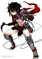 Rule 34 | 1boy, armor, black hair, closed mouth, commission, fighting stance, hair between eyes, headband, highres, holding, holding weapon, japanese armor, komota (kanyou shoujo), kunai, looking at viewer, male focus, midriff, navel, original, pelvic curtain, red scarf, scarf, shoulder armor, simple background, skeb commission, sode, solo, stirrup legwear, toeless legwear, toes, weapon, white background, yellow eyes