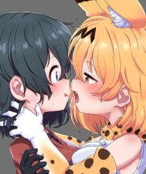 Rule 34 | 2girls, animal ear fluff, animal ears, bad id, bad pixiv id, bare shoulders, black gloves, black hair, blonde hair, blue eyes, blush, bow, bowtie, breath, close-up, commentary request, elbow gloves, extra ears, eye contact, face-to-face, fang, gloves, hand on another&#039;s neck, highres, imminent kiss, kaban (kemono friends), kemono friends, looking at another, multiple girls, nekonyan (inaba31415), no headwear, open mouth, orange bow, orange bowtie, print bow, print bowtie, print gloves, red shirt, serval (kemono friends), serval print, shirt, short hair, short sleeves, sleeveless, sweatdrop, t-shirt, tongue, two-tone bowtie, wavy mouth, white bow, white bowtie, yellow eyes, yuri
