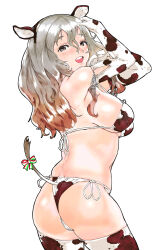 Rule 34 | 1girl, animal ears, animal print, ass, bikini, breasts, brown eyes, commentary request, cow ears, cow print, cow tail, cowboy shot, fake animal ears, grey hair, hair between eyes, highres, igarashi mangou, kantai collection, large breasts, open mouth, pola (kancolle), round teeth, side-tie bikini bottom, simple background, solo, swimsuit, tail, teeth, thighhighs, upper teeth only, wavy hair, white background, white bikini, white thighhighs