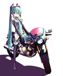 Rule 34 | 1girl, 39, aqua eyes, aqua hair, boots, detached sleeves, full body, fushichou, hatsune miku, highres, long hair, looking at viewer, motor vehicle, motorcycle, necktie, skirt, smile, solo, thigh boots, thighhighs, twintails, vehicle, very long hair, vocaloid, white background