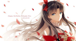 Rule 34 | 1girl, 2016, alternate costume, bare shoulders, blue eyes, brown hair, character name, dated, english text, fate/stay night, fate (series), flower, happy birthday, petals, red ribbon, ribbon, rose, rose petals, smile, solo, tohsaka rin, twintails, white background, yaoshi jun
