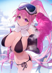 Rule 34 | 1girl, amana (pocketkey), arm up, armpits, ass, bad anatomy, bikini, black bikini, blue archive, breasts, butt crack, cleavage, eimi (blue archive), eimi (swimsuit) (blue archive), goggles, goggles on head, halo, highres, holding, holding goggles, holding shovel, jacket, large breasts, long hair, official alternate costume, open clothes, open jacket, padded jacket, pink eyes, pink hair, pink halo, pink jacket, ponytail, scarf, shovel, ski goggles, smile, sweat, swimsuit, white scarf