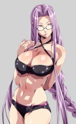 Rule 34 | 1girl, arm behind back, bare shoulders, bikini, black-framed eyewear, black bikini, braid, breasts, cleavage, covered erect nipples, cowboy shot, eyes visible through hair, facial mark, fate/stay night, fate (series), forehead mark, glasses, grey background, halterneck, highres, large breasts, lips, long hair, looking to the side, medusa (fate), medusa (rider) (fate), navel, parted lips, playing with own hair, purple eyes, purple hair, semi-rimless eyewear, shiny clothes, shiny skin, simple background, single braid, solo, standing, swimsuit, very long hair, wankoro mochi