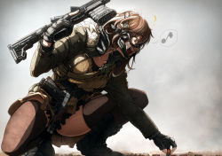 Rule 34 | 1boy, assault rifle, belt, black gloves, breast padding, brown eyes, brown hair, brown thighhighs, collarbone, commentary request, fingerless gloves, gloves, gun, handgun, holding, holding gun, holding weapon, imizu (nitro unknown), jacket, long sleeves, m1911, male focus, mask, md5 mismatch, military, miniskirt, mouth mask, musical note, open clothes, open jacket, open mouth, original, pistol, quaver, rifle, shirt, skirt, smile, solo, speech bubble, spoken musical note, squatting, thighhighs, thighs, trap, trigger discipline, vest, weapon, zettai ryouiki