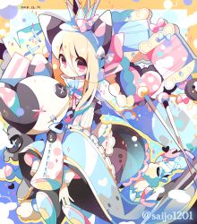 Rule 34 | 1girl, animal ears, blonde hair, blue gemstone, button eyes, buttons, cat ears, crown, dated, fake animal ears, frills, gem, hair between eyes, heart, highres, long hair, long sleeves, looking at viewer, needle, original, ribbon, saijo1201, solo, spool, stitches, stuffed animal, stuffed toy, tagme, twitter username