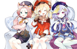 Rule 34 | 3girls, ;d, ahoge, animal ear fluff, animal ears, bag, bare shoulders, bead necklace, beads, blonde hair, braid, braided ponytail, cabbie hat, cat ears, couch, detached sleeves, diona (genshin impact), dress, genshin impact, gloves, hair ornament, hat, jewelry, jiangshi, klee (genshin impact), long sleeves, looking at viewer, mitu yang, multiple girls, necklace, one eye closed, open mouth, paw print, pointy ears, purple eyes, purple hair, qiqi (genshin impact), red eyes, resolution mismatch, shorts, sitting, smile, source smaller, symbol-shaped pupils, thighhighs, twintails