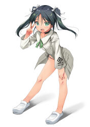 Rule 34 | 1girl, black hair, fang, francesca lucchini, full body, green eyes, green ribbon, hair ribbon, highres, long hair, military, military uniform, neck ribbon, open mouth, panties, ribbon, shirt, simple background, smile, solo, strike witches, twintails, underwear, uniform, v, white background, white footwear, white ribbon, white shirt, world witches series, yashin (yasinz)