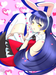 Rule 34 | 1girl, :o, absurdres, animal ears, artist name, artist request, bare shoulders, black bow, blowing kiss, blue hair, blush, bow, bowtie, breasts, buttons, collared shirt, dress, earrings, female focus, frilled dress, frills, from behind, gloves, grey shorts, hair between eyes, heart, heart earrings, highres, jewelry, knees up, korekara no someday, long hair, looking at viewer, looking back, love live!, love live! school idol festival, love live! school idol project, medium breasts, pants, pants under skirt, parted lips, pink background, puffy shorts, rabbit ears, red shirt, shirt, shorts, sleeveless, smile, solo, sonoda umi, striped clothes, striped pants, vertical-striped clothes, vertical-striped pants, white gloves, white legwear, yellow eyes