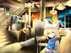 Rule 34 | 1girl, bad id, bad pixiv id, blonde hair, cameo, chair, chandelier, female focus, fox tail, green eyes, grin, hands in opposite sleeves, hat, highres, hong meiling, indoors, jewelry, konpaku youmu, multiple tails, necklace, night, parody, photo (object), riipha (artist), etrian odyssey, short hair, smile, solo, stairs, tail, touhou, window, yakumo ran