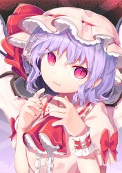 Rule 34 | 1girl, absurdres, arms up, ascot, bat wings, blouse, brooch, fingernails, frilled neckwear, gradient background, gunjou row, hair between eyes, hair over one eye, hat, hat ribbon, head tilt, highres, jewelry, light purple hair, looking at viewer, mob cap, nail polish, parted lips, pink shirt, puffy short sleeves, puffy sleeves, red ascot, red eyes, red nails, remilia scarlet, ribbon, shirt, short hair, short sleeves, single wrist cuff, slit pupils, solo, touhou, upper body, wings, wrist cuffs
