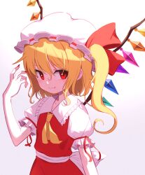 Rule 34 | 1girl, ascot, blonde hair, closed mouth, crystal, fang, fingernails, flandre scarlet, hair between eyes, hat, highres, long hair, mob cap, nail polish, puffy short sleeves, puffy sleeves, red eyes, red nails, red skirt, red vest, shimizu tomoki, short sleeves, side ponytail, skirt, smile, solo, touhou, upper body, vest, white hat, wings, yellow ascot