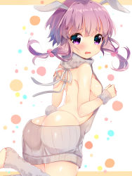 Rule 34 | 1girl, alternate costume, animal ears, ass, backless dress, backless outfit, bare arms, bare back, bare shoulders, barefoot, breasts, butt crack, dress, eyebrows, from behind, hair bobbles, hair ornament, halterneck, highres, ikari (aor3507), kemonomimi mode, kneeling, leg warmers, legs up, looking back, low twintails, medium breasts, meme attire, naked sweater, no panties, open-chest sweater, purple eyes, purple hair, rabbit ears, rabbit tail, shiny skin, short hair, short hair with long locks, short twintails, sideboob, simple background, solo, sweatband, sweater, sweater dress, tail, tareme, thighs, turtleneck, turtleneck sweater, twintails, virgin killer sweater, vocaloid, voiceroid, white background, yuzuki yukari