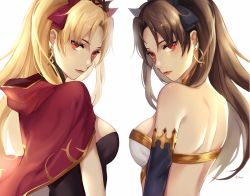 Rule 34 | 2girls, aikoo, arm at side, back, bad id, bad pixiv id, bare back, bare shoulders, bikini, bikini top only, black dress, black ribbon, blonde hair, breasts, brown hair, cape, closed mouth, commentary request, crown, dress, dual persona, earrings, ereshkigal (fate), eyes visible through hair, fate/grand order, fate (series), female focus, from behind, hair ribbon, head tilt, highres, hood, hood down, hooded cape, hoop earrings, ishtar (fate), jewelry, lips, long hair, looking at viewer, looking back, medium breasts, multiple girls, neck ring, parted bangs, red cape, red eyes, red lips, red ribbon, revealing clothes, ribbon, serious, sideboob, simple background, smile, strapless, strapless dress, swimsuit, symmetry, tohsaka rin, two side up, type-moon, upper body, white background, white bikini