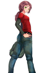 Rule 34 | 1girl, animification, ass, backpack, bag, blush, brown hair, denim, ellie (the last of us), from behind, from below, green eyes, hand on own hip, highres, jeans, long hair, looking at viewer, looking back, looking down, open mouth, pants, ponytail, solo, standing, the last of us, the last of us (series), white background, yoshida ichitora