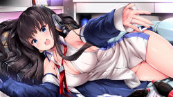 Rule 34 | 1girl, :d, amasora taichi, azur lane, bare shoulders, blue eyes, blue jacket, blurry, blurry background, blush, bottle, bottomless, breasts, brown hair, cleavage, collarbone, commentary request, depth of field, glint, groin, headphones, indoors, jacket, jewelry, large breasts, long hair, long island (azur lane), long sleeves, looking at viewer, lying, on side, open clothes, open jacket, open mouth, outstretched arm, red neckwear, ring, shirt, sidelocks, sleeveless, sleeveless shirt, sleeves past wrists, smile, solo, teeth, upper teeth only, very long hair, wedding band, white shirt