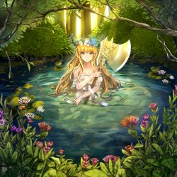 Rule 34 | 1girl, axe, bad id, bad pixiv id, blonde hair, blue eyes, branch, flower, forest, head wreath, honest axe, long hair, looking at viewer, lotus, nature, original, parody, partially submerged, pond, settyaro, solo, tree, very long hair, water, weapon