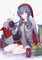 Rule 34 | 1girl, animal, blue eyes, blue hair, blush, box, christmas, closed mouth, commentary request, gift, gift box, gloves, gotland (kancolle), grey background, gudrn, hair between eyes, hair bun, hat, highres, kantai collection, long hair, long ribbon, long sleeves, looking at viewer, mole, mole under eye, red hat, robe, sack, santa costume, santa hat, sheep, single hair bun, sitting, smile, solo, star (symbol), starry background, thighhighs, wariza