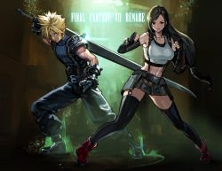 Rule 34 | 1boy, 1girl, bare shoulders, belt, black belt, black footwear, black gloves, black hair, black pants, black shirt, black skirt, black sports bra, blonde hair, blue eyes, breasts, buckle, buster sword, clenched hands, closed mouth, cloud strife, collarbone, commentary, copyright name, crop top, earrings, elbow gloves, elbow pads, final fantasy, final fantasy vii, final fantasy vii remake, fingerless gloves, full body, gauntlets, glint, gloves, groin, highres, holding, holding sword, holding weapon, jewelry, large breasts, long hair, looking at viewer, low-tied long hair, materia, midriff, navel, over shoulder, pants, red eyes, red footwear, rein00, shirt, shoes, short hair, shoulder pads, sidelocks, skirt, sleeveless, sleeveless turtleneck, snap-fit buckle, spiked hair, sports bra, square enix, standing, suspender skirt, suspenders, sword, tank top, thighhighs, tifa lockhart, turtleneck, weapon, weapon over shoulder, white tank top, zettai ryouiki