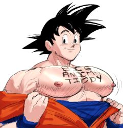 Rule 34 | 1boy, bara, bare pectorals, black hair, body writing, carless (ppanic), closed mouth, clothes pull, dougi, dragon ball, dragonball z, highres, large pectorals, looking at viewer, male focus, muscular, muscular male, nipples, pectorals, short hair, simple background, smile, solo, son goku, spiked hair, upper body, white background, wristband
