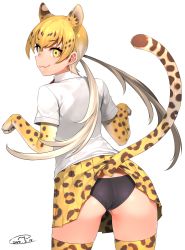 Rule 34 | 1girl, animal ears, ass, black panties, blush, closed mouth, clothes lift, commentary request, cowboy shot, dated, from behind, hair between eyes, happa (cloverppd), jaguar ears, jaguar print, jaguar tail, kemono friends, leopard (kemono friends), long hair, looking at viewer, looking back, panties, pleated skirt, red neckwear, school uniform, shirt, short sleeves, simple background, skirt, skirt lift, smile, solo, standing, tail, thighhighs, underwear, white background, white shirt