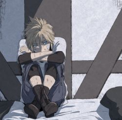 Rule 34 | 1boy, against wall, aged down, bandage on face, bandages, bed sheet, black legwear, black shirt, blonde hair, blue eyes, blue shorts, boots, cloud strife, crossed ankles, crossed arms, final fantasy, final fantasy vii, final fantasy vii remake, full body, hair between eyes, hugging own legs, injury, kyoujixxxx, lonely, nibelheim, pillow, shirt, short hair, shorts, sitting, solo, spiked hair, square enix, t-shirt, white shirt
