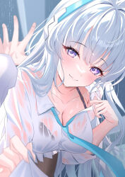 Rule 34 | 1boy, 1girl, blue archive, blue necktie, blush, bra visible through clothes, breasts, collarbone, collared shirt, highres, large breasts, long hair, long sleeves, looking at viewer, nano (blueoekaki), necktie, noa (blue archive), purple eyes, rain, see-through, sensei (blue archive), shirt, sidelocks, solo focus, very long hair, wet, wet clothes, wet shirt, white hair
