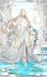 Rule 34 | 1boy, barefoot, barefoot sandals (jewelry), bird, bishounen, blonde hair, bracer, cloud, day, dove, flower, food fantasy, full body, gold collar, hair between eyes, hair ornament, highres, holding, holding polearm, holding shield, holding weapon, jewelry, leaf, leaf hair ornament, light rays, lightning, lily (flower), long hair, looking at viewer, male focus, moussaka (food fantasy), necklace, official art, pectoral cleavage, pectorals, pillar, plant, polearm, robe, rock, shield, short sleeves, smile, solo, spear, sunlight, third-party source, very long hair, vines, wading, water, weapon, white eyes, white flower, white lily, white robe, wide sleeves