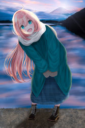 Rule 34 | 1girl, :d, absurdres, ahoge, aqua coat, aqua eyes, aqua skirt, black footwear, blush, boots, bracketarrow (1326179361), cloud, cloudy sky, coat, commentary request, day, grey scarf, highres, kagamihara nadeshiko, leaning to the side, long coat, long hair, long skirt, looking at viewer, morning, mount fuji, mountain, mountaintop, open mouth, pink clouds, pink hair, pink lips, plaid, plaid skirt, scarf, scenery, skirt, sky, sleeves past fingers, sleeves past wrists, smile, solo, standing, very long hair, winter, yurucamp