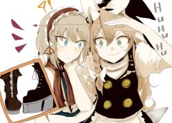 Rule 34 | !?, 2girls, alice margatroid, apron, arrow (symbol), ascot, blonde hair, blue eyes, boots, bow, braid, buttons, capelet, closed mouth, commentary request, eyes visible through hair, frills, hair bow, hairband, hat, hat bow, height difference, kirisame marisa, long hair, medium hair, multiple girls, necro (nekurodayo), shirt, short sleeves, side braid, single braid, touhou, upper body, vest, waist apron, white bow, white hair, white shirt, witch hat