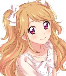 Rule 34 | 1girl, absurdres, aikatsu!, aikatsu! (series), blush, bow, brown hair, closed mouth, hair bow, highres, jewelry, looking at viewer, natsuki mikuru, necklace, red eyes, sekina, shirt, simple background, smile, solo, two side up, upper body, white background, white bow, white shirt
