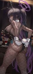 Rule 34 | 1girl, absurdres, alcohol, animal ears, bare arms, bare shoulders, black hair, black leotard, blue archive, blush, bottle, breasts, closed mouth, cup, dark-skinned female, dark skin, detached collar, fake animal ears, fake tail, fishnet pantyhose, fishnets, gloves, halo, highres, karin (blue archive), karin (bunny) (blue archive), large breasts, leotard, long hair, looking at viewer, looking back, multicolored hair, pantyhose, poise, ponytail, purple hair, rabbit ears, rabbit tail, sidelocks, solo, tail, thighs, two-tone hair, white gloves, wine