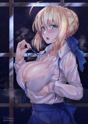 Rule 34 | 1girl, ahoge, alternate breast size, artoria pendragon (all), artoria pendragon (fate), artoria pendragon (lancer) (fate), blonde hair, blouse, blue ribbon, blue skirt, blush, bra, bra visible through clothes, breast lift, breasts, cleavage, collarbone, collared shirt, fate/stay night, fate (series), green eyes, hair ribbon, heart, heart-shaped pupils, heavy breathing, highres, hirasawa seiji, indoors, large breasts, long hair, long sleeves, looking at viewer, neck ribbon, night, open mouth, purple bra, ribbon, saber (fate), shirt, skirt, solo, sweatdrop, symbol-shaped pupils, underwear, white shirt