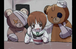 Rule 34 | 1girl, boko (girls und panzer), bowl, brown eyes, brown hair, girls und panzer, holding, holding ladle, ladle, looking at viewer, nishizumi miho, open mouth, pillarboxed, ri (qrcode), solo, stuffed animal, stuffed toy, sweat, table, teddy bear