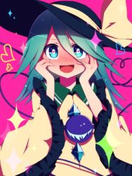 Rule 34 | 1girl, :d, alternate hair length, alternate hairstyle, aqua eyes, bad id, bad twitter id, black hat, blush, eyeball, frilled shirt collar, frilled sleeves, frills, green hair, hands on own cheeks, hands on own face, hat, hat ribbon, heart, heart-shaped pupils, heart of string, komeiji koishi, long hair, looking at viewer, nose blush, open mouth, pink background, ribbon, smile, solo, sparkle, symbol-shaped pupils, third eye, touhou, upper body, wide sleeves, yellow ribbon, you (noanoamoemoe)
