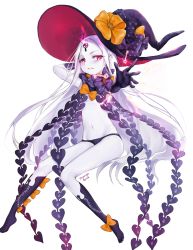 Rule 34 | 1girl, abigail williams (fate), abigail williams (third ascension) (fate), black bow, black gloves, black hat, black panties, black socks, blush, bow, colored skin, elbow gloves, fang, fate/grand order, fate (series), gloves, hat, hat bow, highres, key, kneehighs, long hair, looking at viewer, mangoduck, orange bow, outstretched arm, pale skin, panties, parted bangs, parted lips, print bow, purple eyes, revealing clothes, simple background, smile, socks, solo, star (symbol), star print, topless, underwear, very long hair, white background, white hair, white skin, witch hat