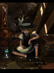 Rule 34 | 1girl, absurdres, alcohol burner, apron, bad id, bad pixiv id, blonde hair, bobby socks, book, book stack, bow, braid, burner, clock, female focus, flask, grandfather clock, hair bow, hat, highres, indoors, kirisame marisa, knee up, letterboxed, looking at viewer, on floor, puffy short sleeves, puffy sleeves, red bow, round-bottom flask, short sleeves, side braid, sitting, socks, solo, tanuki, touhou, waist apron, white apron, witch, witch hat, wooden floor, you (shimizu), you shimizu