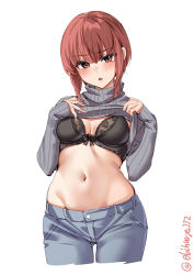 Rule 34 | 1girl, alternate costume, black bra, blush, bra, breasts, brown eyes, clothes lift, cowboy shot, denim, ebifurya, grey sweater, hair between eyes, highres, jeans, kantai collection, lifting own clothes, long sleeves, looking at viewer, navel, one-hour drawing challenge, open mouth, pants, red hair, ribbed sweater, shirt lift, short hair, simple background, small breasts, solo, sweater, twitter username, underwear, white background, z3 max schultz (kancolle)