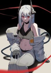 Rule 34 | 1girl, absurdres, arknights, bare shoulders, black choker, choker, commentary request, crop top, feet out of frame, grey hair, highres, horns, long hair, looking at viewer, midriff, mudrock (arknights), mudrock (elite ii) (arknights), natoriusu sansei, navel, off shoulder, parted lips, pointy ears, red eyes, sitting, solo, sports bra, stomach