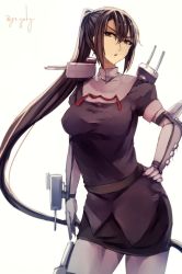 Rule 34 | 1girl, black eyes, black hair, bracer, cannon, cowboy shot, elbow gloves, genyaky, gloves, hair between eyes, hand on own hip, kantai collection, long hair, looking at viewer, machinery, miniskirt, nachi (kancolle), one-hour drawing challenge, pantyhose, parted lips, pencil skirt, ponytail, puffy short sleeves, puffy sleeves, rigging, short sleeves, simple background, skirt, solo, twitter username, very long hair, white background, white gloves, white pantyhose