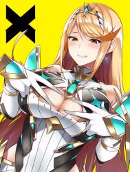 Rule 34 | 1girl, blonde hair, blush, breasts, cleavage, cleavage cutout, clothing cutout, dress, earrings, embarrassed, gem, gloves, highres, jewelry, large breasts, long hair, looking at viewer, mythra (xenoblade), nintendo, paizuri invitation, smile, solo, swept bangs, tiara, white dress, white gloves, xenoblade chronicles (series), xenoblade chronicles 2, yellow background, yellow eyes, yuuki shin