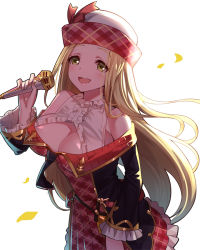 Rule 34 | 10s, backlighting, bare shoulders, blonde hair, blush, breasts, cleavage, cleavage cutout, clothing cutout, diola (granblue fantasy), dress, eyebrows, granblue fantasy, hat, holding, holding microphone, large breasts, long hair, long sleeves, looking at viewer, microphone, necktie, open mouth, plaid, plaid dress, ririko (zhuoyandesailaer), simple background, smile, solo, tareme, teeth, upper teeth only, very long hair, white background, yellow eyes