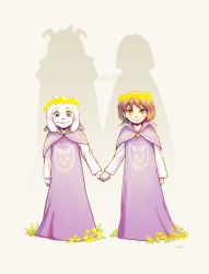 Rule 34 | 1boy, androgynous, asriel dreemurr, blue eyes, brown eyes, brown hair, chara (undertale), different shadow, english text, fangs, flower, flower wreath, furry, furry male, hair flower, hair ornament, holding hands, heart, heart necklace, highres, jewelry, looking at viewer, monster boy, necklace, robe, silhouette, smile, spoilers, teeth, tenperu tapio, undertale