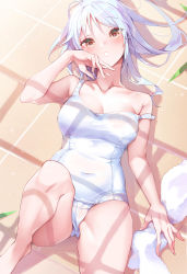 Rule 34 | 1girl, :o, arm up, armpits, bare arms, bare legs, bare shoulders, barefoot, blush, breasts, cameltoe, cleavage, collarbone, competition school swimsuit, covered navel, hand on own face, heart, heart-shaped pupils, highres, kanola u, knee up, long hair, looking at viewer, lying, medium breasts, on back, on floor, one-piece swimsuit, open mouth, original, school swimsuit, silver hair, solo, sparkle, strap slip, swimsuit, symbol-shaped pupils, tile floor, tiles, towel, white one-piece swimsuit, yellow eyes