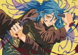 Rule 34 | 1girl, akao akira, blood, blood on hands, bloody weapon, blue hair, brown jacket, commentary, dual wielding, highres, holding, holding sword, holding weapon, jacket, katana, korean commentary, looking at viewer, low ponytail, mmmiaa, parted lips, sakamoto days, solo, sword, twitter username, weapon, yellow background, yellow eyes