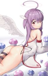 Rule 34 | 1girl, absurdres, ahoge, ass, bare shoulders, blush, closed mouth, commentary request, detached sleeves, dress, feathered wings, hair between eyes, hair ornament, hairclip, halo, highres, lemon tea (15058751917), long hair, long sleeves, looking at viewer, looking back, lying, mushroom, on stomach, one side up, purple hair, red eyes, sidelocks, single wing, sleeveless, sleeveless dress, smile, solo, thigh strap, very long hair, virtual youtuber, white background, white dress, white sleeves, white wings, wing hair ornament, wings, yumeno shiori, yumeno shiori channel