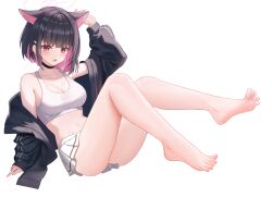 Rule 34 | 1girl, animal ears, arm support, barefoot, black choker, black hair, black jacket, blue archive, blunt bangs, blush, breasts, choker, cleavage, commentary request, fanteam, feet, halo, highres, jacket, kazusa (blue archive), medium breasts, navel, open mouth, pink hair, pleated skirt, purple eyes, short hair, simple background, skirt, solo, sports bra, thighs, toes, white background, white skirt, white sports bra