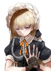 Rule 34 | 1girl, aiguillette, black gloves, grabbing another&#039;s breast, breasts, brown eyes, brown hair, commander (girls&#039; frontline), corset, cross, cross earrings, earrings, epaulettes, girls&#039; frontline, gloves, grabbing, guided breast grab, guiding hand, hair ornament, hairclip, highres, jewelry, long hair, looking at viewer, medium breasts, neck ribbon, orange ribbon, pov, pov hands, ppk (girls&#039; frontline), puffy short sleeves, puffy sleeves, ribbon, short sleeves, simple background, solo focus, take (trude1945oneetyan), upper body, white background, x hair ornament