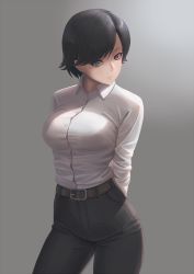 Rule 34 | 1girl, arms behind back, belt, black hair, black pants, blue eyes, breasts, brown belt, buttons, closed mouth, collared shirt, commentary request, contrapposto, cowboy shot, dress shirt, grey background, highres, long sleeves, looking at viewer, medium breasts, original, pants, ranma (kamenrideroz), shirt, short hair, simple background, solo, standing, white shirt, wing collar