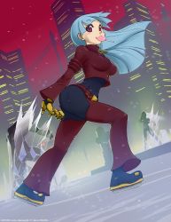 Rule 34 | 1girl, blue hair, breasts, candy, crybringer, food, gloves, highres, ice skating, kula diamond, large breasts, lollipop, long hair, purple eyes, skating, snk, solo, the king of fighters
